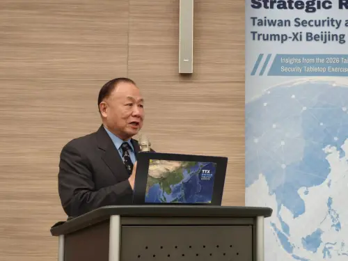 Admiral Chen Yeong-kang delivers a keynote address during the 2026 TTX final report presentation on June 11. (TCN)