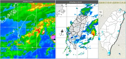 ▲今晨4：30紅外線色調強化雲圖顯示，台灣上空雲系鬆散。4：30雷達回波合成圖則顯示，伴隨零星降水回波。4：30累積雨量圖顯示，各地區有局部降雨。（圖／氣象應用推廣基金會．洩天機教室）
