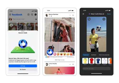 ▲Facebook推出足球模式與AI「Wear It」功能，球迷可將照片換上支持球隊的虛擬國家隊球衣，還能解鎖限定心情符號與小遊戲。（圖／Meta提供）
