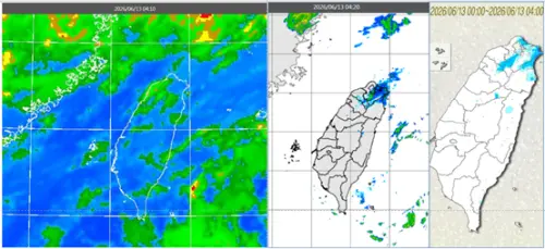 ▲氣象專家吳德榮提供13日清晨衛星雲圖、雷達回波及累積雨量圖，顯示台灣上空雲系雖鬆散，但仍伴隨局部降雨。（圖／翻攝自洩天機教室專欄）