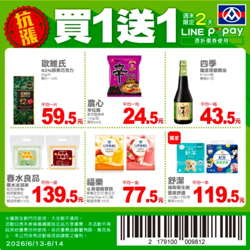 ▲全聯官方LINE好友，週末推出4款商品買一送一優惠。（圖／翻攝自全聯APP畫面pxmart.com.tw）