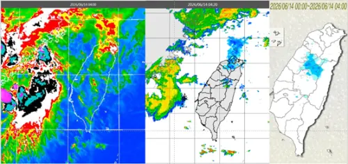 ▲今(晨4時紅外線色調強化雲圖顯示，臺灣海峽有對流雲接近中。4：20雷達回波合成圖顯示，對流雲伴隨降水回波。4時累積雨量圖顯示，苗、中、投山區已有降雨。（圖／氣象應用推廣基金會．洩天機教室）