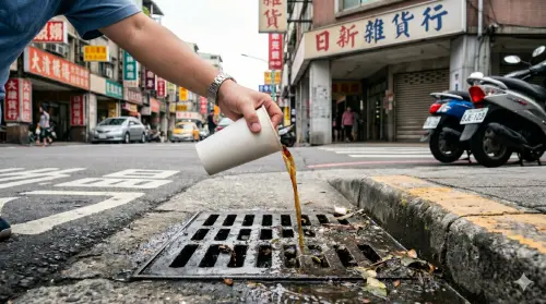 ▲倒咖啡進水溝被罰3600元事件曝光後，不少人質疑處罰比例原則與執法標準是否一致。（示意圖／AI生成）