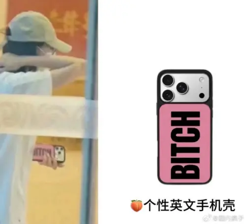 ▲迪麗熱巴被拍到使用Bitch粉色手機殼。（圖／微博＠圈內瘋子）