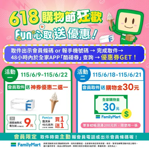 ▲選在618購物節到端午節連假取件（18日至21日），取貨加碼送30元購物金。（圖／全家提供）