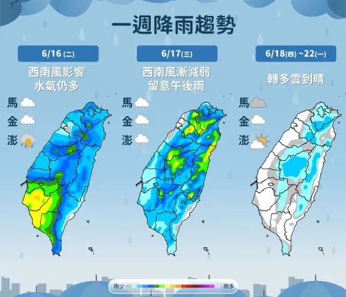 ▲未來一周天氣，周三前各地降雨仍較多，周四至端午連假，高溫悶熱天氣回歸，降雨明顯趨緩。（圖／中央氣象署）