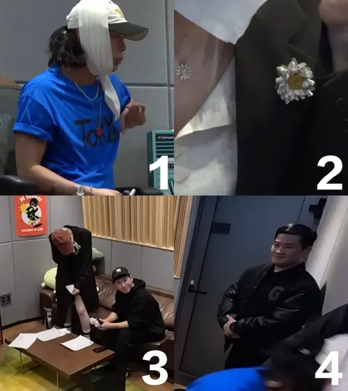 ▲Muzie（圖1）問GD的花是不是變小，但天王聽錯後彎腰狂笑（圖3），讓保鑣虎哥（圖4）都嘴角失守。（圖／YouTube@유브이 방 - UV BANG）