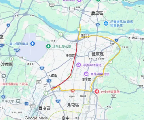 ▲往年國1豐原至大雅段（紅線）假日經常嚴重塞車，台中市交通局建議改走國4與台74線（黃線），避開魔王路段。（圖／翻攝google地圖，2026.06.16）