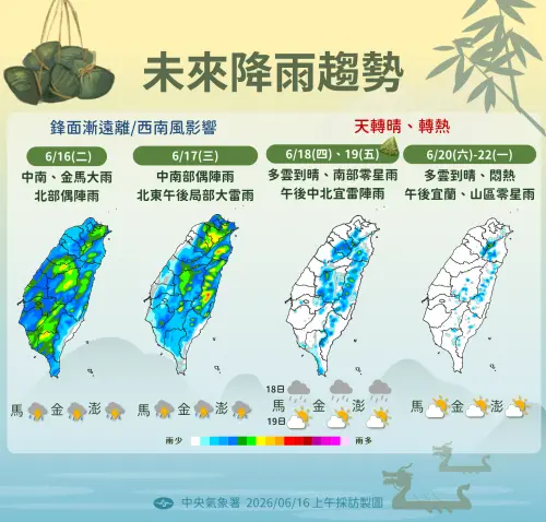 ▲未來一周天氣，周三前各地降雨仍較多，周四至端午連假，高溫悶熱天氣回歸，降雨明顯趨緩。（圖／中央氣象署）