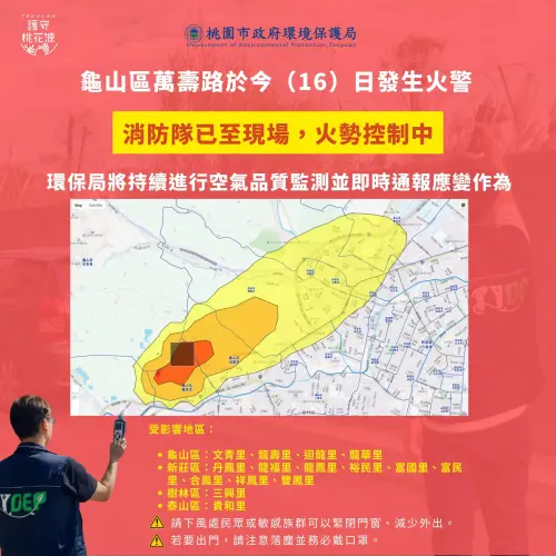▲環保局發布了緊急空污通報影響範圍，橫跨桃園、新北多個行政區。（圖／桃園市環保局）