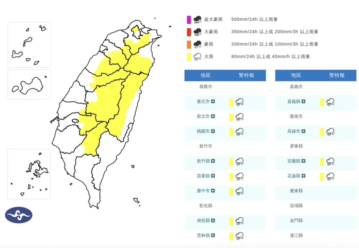 ▲中央氣象署今（17）日發布「大雨特報」，提醒中部以北、宜蘭、花蓮及高雄山區有局部大雨。（圖／中央氣象署）