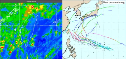 ▲最新歐洲模式系集模擬路徑圖顯示，周末菲律賓東方有熱帶擾動發展，將在日本南方海面，向東北大迴轉（圖／氣象應用推廣基金會．洩天機教室）