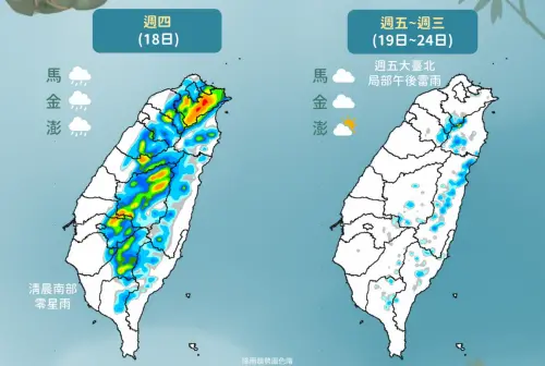 ▲中央氣象署指出今（18）日各地仍有降雨機會，午後中北部及山區雨勢較明顯；週五至下週三降雨範圍縮小，僅大台北、宜蘭及山區午後有局部雷雨，天氣逐漸轉為穩定炎熱。（圖／中央氣象署cwa.gov.tw）