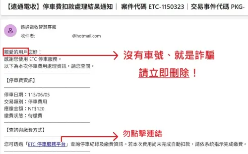 ▲民眾若收到「沒有車號」的欠費通知，切勿點擊連結並立即刪除，避免受騙。（圖／遠通電收提供）