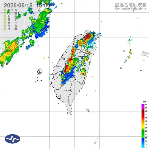 ▲從雷達回波合成圖中可見，午後對流雲系發展旺盛。（圖／中央氣象署）