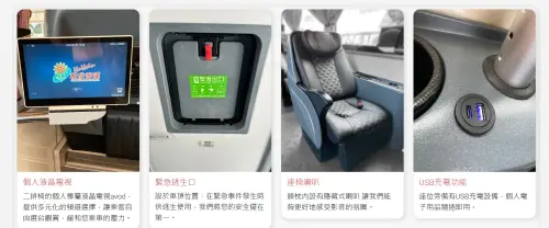 ▲和欣客運車上設備相當齊全，根據官網介紹，不只包含可收納式餐檯和洗手間，還設有個人液晶電視、座位USB充電功能、座椅喇叭等服務。（圖／和欣客運官網）