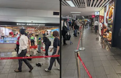 台北捷運也淹！北車B3新裝修商場驚爆積水　工作人員水桶拖把狂拖