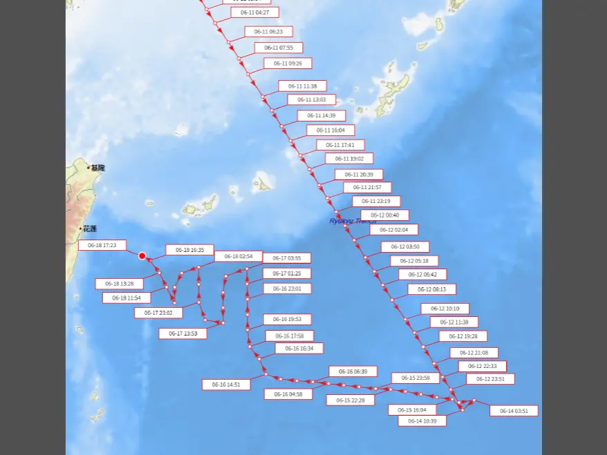 ▲中國自然資源部表示，6月16日至18日在「台灣島以東海域」展開海洋環境調查，圖為其行駛軌跡。（圖／翻攝自微博）