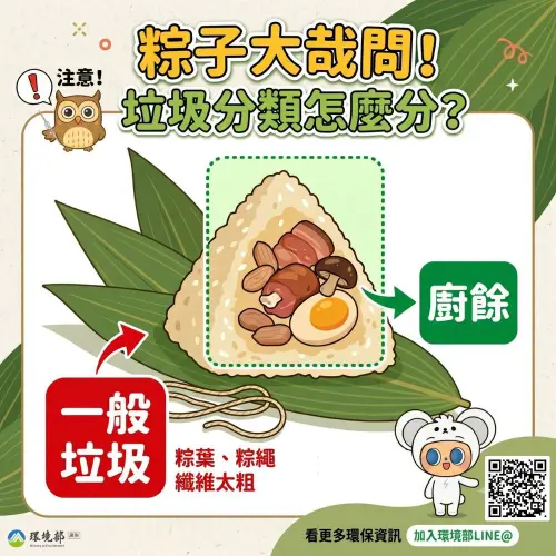 ▲環保單位指出，全台22縣市皆將粽葉列為一般垃圾，原因在於長纖維材質容易影響堆肥與回收設備運作；粽繩同樣需丟入一般垃圾，而剩餘餡料則可進行廚餘回收。（圖／環境部臉書粉專）