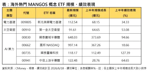 ▲海外熱門MANGOS概念ETF規模、績效表現。（圖╱法人提供）