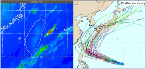 ▲最新歐洲模式系集模擬路徑圖顯示，在臺灣東方、經琉球附近海面，向東北大迴轉。（圖／氣象應用推廣基金會．洩天機教室）