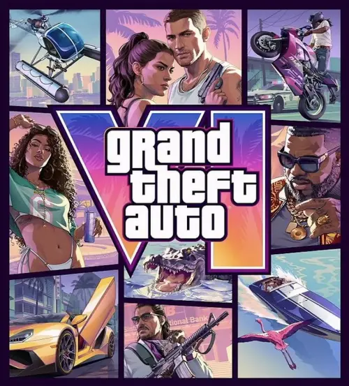 ▲《GTA 6》正式公開遊戲封面，以雙主角傑森與露西亞為核心，搭配跑車、鱷魚、武裝直升機等元素，展現罪惡市風格。（圖／Rockstar Games）