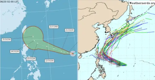 ▲颱風「米克拉」的最新預測路徑，5天後「米克拉」開始北轉，再經琉球附近海面，向東北大迴轉，不過路徑還有不確定性，還要持續觀察。（圖/洩天機教室）
