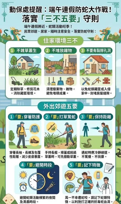 ▲動保處表示，端午連假將近，時值蛇類活動旺季，民眾時常外出郊遊，務必隨時注意並落實「三不五要」的防蛇守則。（圖／Gemini生成）