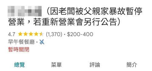 ▲高雄某間早午餐店在當地極具盛名，但在端午連假期間突然暫停營業，透過Google地圖解釋原因竟是「老闆被父親家暴」，讓一票網友錯愕不已。（圖／翻攝Google地圖）