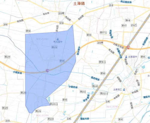 ▲雲林縣土庫鎮6月22日停水影響範圍。（圖／自來水公司）