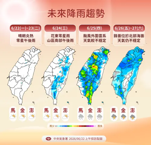 ▲周三前，全台天氣都是晴到多雲，周四、周五水氣增加，中南部迎風面、各地午後雷陣雨機率提高。（圖／中央氣象署）