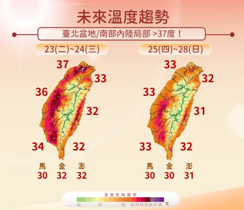 ▲周三前，全台天氣都是晴到多雲，周四、周五水氣增加，中南部迎風面、各地午後雷陣雨機率提高。（圖／中央氣象署）