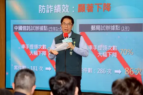 ▲台南市長黃偉哲指出，市府今年進一步與中國信託合作，擴大試辦熱點，原本熱點ATM的車手提領更由181次降至5次，降幅達97%，顯示科技防詐確實能有效降低車手提領行為。（圖／南市府提供）