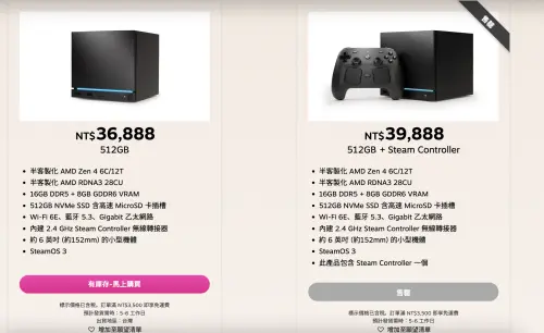 ▲Steam Machine 共推出四種方案，基本 512GB 版本定價為36888元，搭配控制器的套裝則為39888元。（圖／KOMODO官網）
