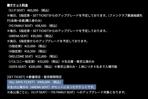▲BIGBANG日本巡演出30萬日圓（約新台幣6萬元）套票，購買者可看10場演出。（圖／ygex.jp/bigbang）