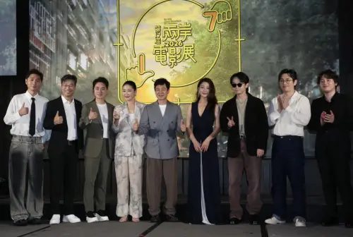 ▲陳大愚（左起）、王迅、余少群、梁靜、張頌文、殷桃、董子健、白客、陸一出席「兩岸電影展」在台灣的開幕活動。（圖／記者邱曾其攝）