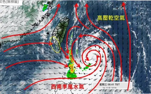 ▲米克拉颱風「北弱南強」的狀態明顯，發生「垂直風切不對稱」結構。（圖／天氣職人-吳聖宇臉書）