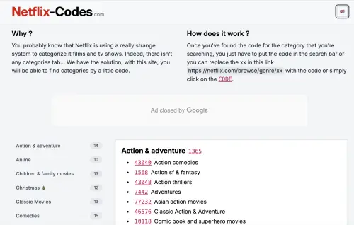 ▲Netflix-Codes.com整理多組Netflix分類代碼，只要將網址後方代碼替換成指定數字，就能跳轉到對應類型片單。（圖／翻攝官網）