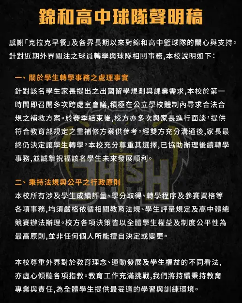 ▲錦和高中籃球隊也正式發出聲明稿回應，除了感謝克拉克早餐店及各界長期的支持外，針對事件做出澄清。（圖／新北市錦和高中男子籃球隊）