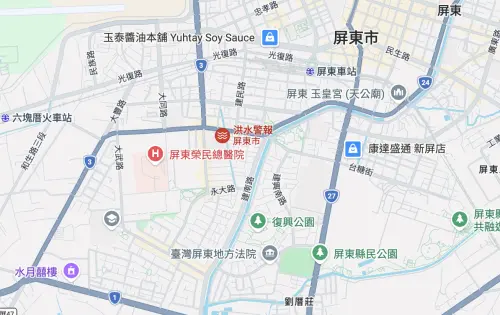 ▲Google地圖上可看到屏東市區有「洪水警報」。（圖／翻攝自Google地圖）