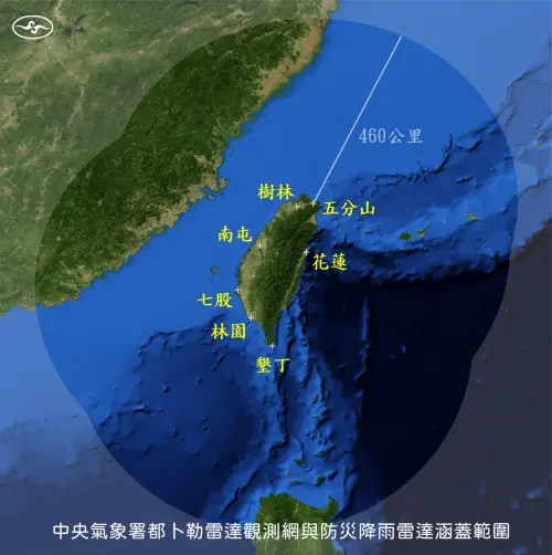 ▲中央氣象署全台雷達站包含五分山、樹林、南屯、七股、花蓮、墾丁、林園等，可觀測台灣周邊約460公里範圍內的降雨系統。（圖／中央氣象署）