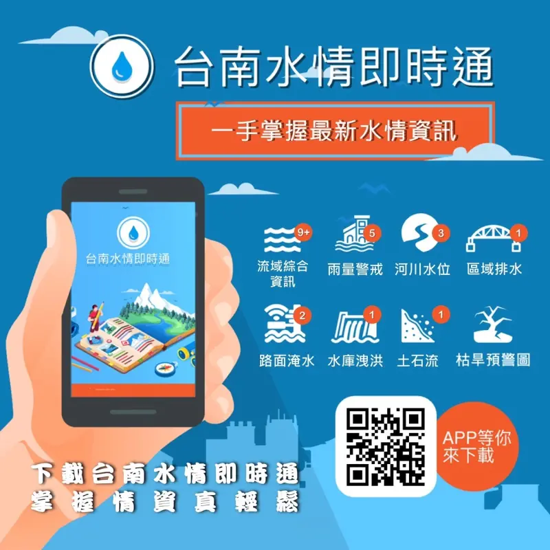 ▲台南市水利局提醒市民朋友可多加利用台南市政府官方Line群組、「台南水情即時通APP」,隨時瞭解水情狀況,提早防災、避災。(圖/台南市府提供)