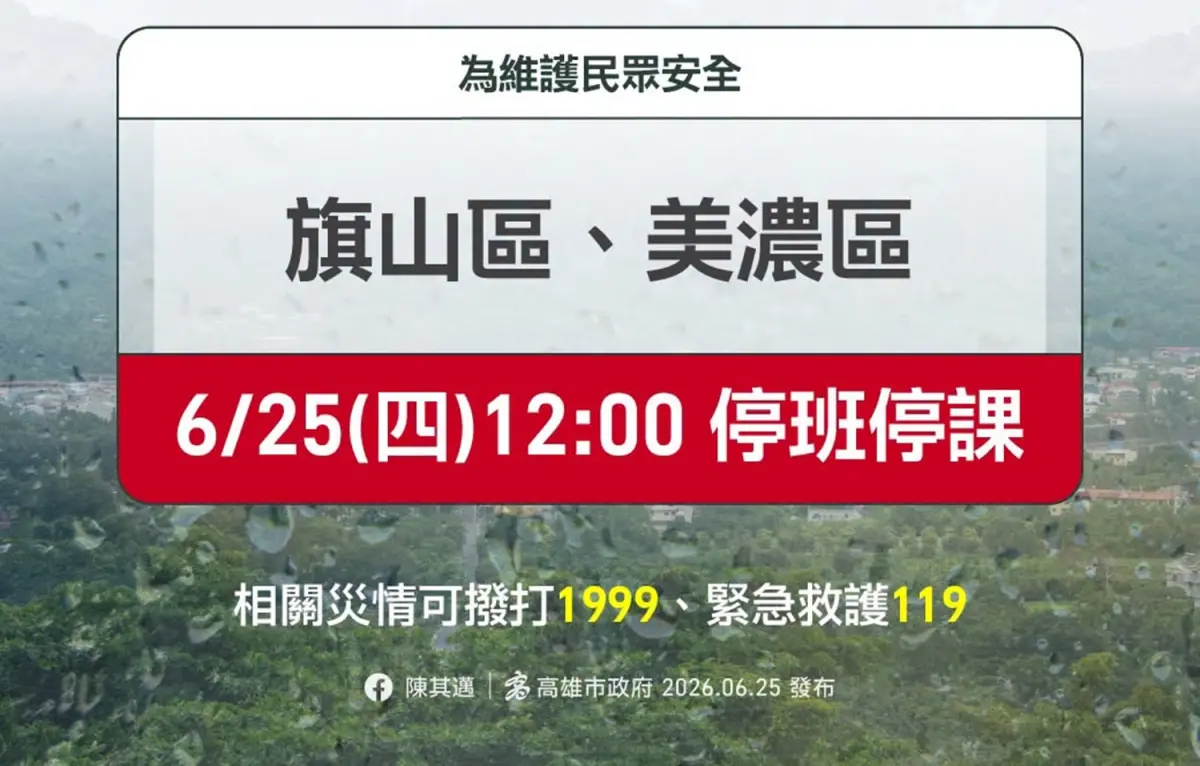 ▲受到颱風外圍環流、鋒面影響各地大雨不斷，6月25日高雄、屏東等地區已先宣布豪雨假。《NOWNEWS》將在本文不斷更新6月25日（週四）、6月26日（週五）各縣市停班停課。（圖／高雄市政府提供）