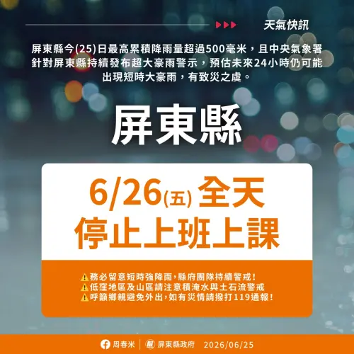 ▲為確保民眾生命財產安全，經審慎評估，屏東縣明（26）日停止上班、停止上課。（圖／屏東縣政府提供）