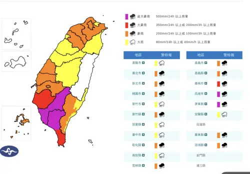 ▲中央氣象署今晨發布19縣市豪雨特報，高屏地區高掛最高等級「超大豪雨」警戒。（圖／中央氣象署,cwa.gov.tw）