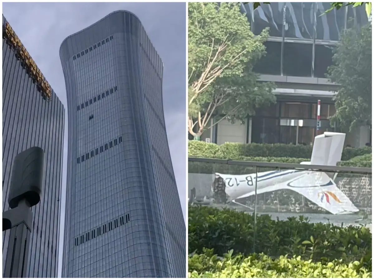 ▲中國北京第一高樓，總高528公尺的「中國尊」中信大廈，今（26）日傍晚驚傳遭到小飛機撞擊，小飛機在撞擊後解體斷裂，大批殘骸如雨般砸向地面。（合成圖／翻攝自小紅書）