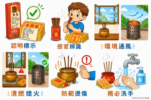 ▲ 標準局也強調，民眾在選購及使用「金、銀紙」及「香品」時，應特別注意以下6個事項。（圖／標準局提供）