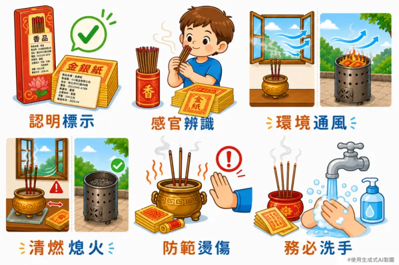 ▲ 標準局也強調,民眾在選購及使用「金、銀紙」及「香品」時,應特別注意以下6個事項。(圖/標準局提供)