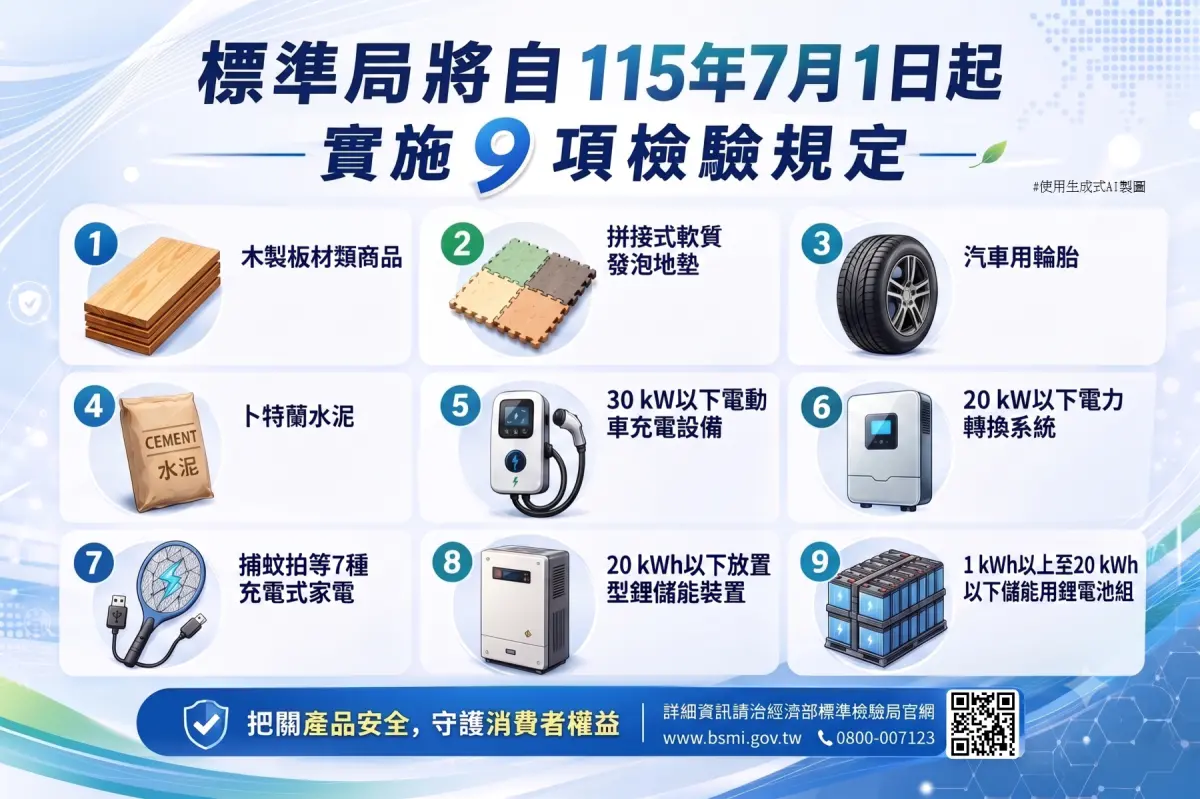 ▲標準檢驗局表示，將自7月1日起實施9項商品檢驗規定，新增列檢「30 kW以下電動車充電設備」、「20 kW以下電力轉換系統」、「20 kWh以下放置型鋰儲能裝置」、「1 kWh以上至20 kWh以下儲能用鋰電池組」、「捕蚊拍等7種充電式家用電器」及「拼接式軟質發泡地墊」等民生物品。（圖／標準局提供）