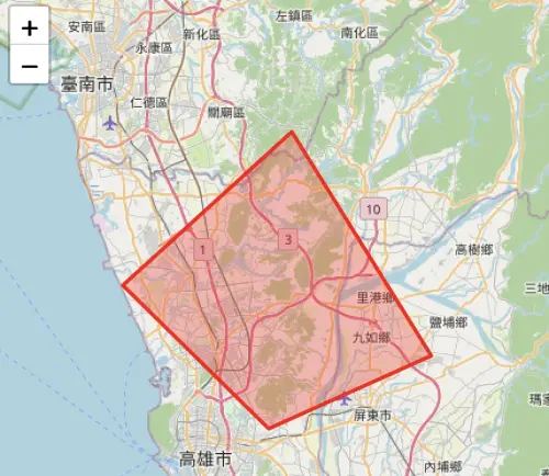 ▲氣象署18:32發布最新大雷雨即時訊息，台南市、高雄市、屏東縣列入陸上警戒，雨彈將狂炸至19:32。（圖／氣象署）